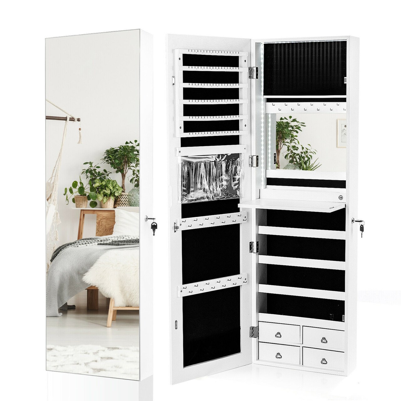 Costway Mirror Jewelry Cabinet 96 LED Lights Wall Door Mounted Armoire w/ Makeup Rack